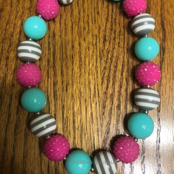 Hot Pink sparkle, Mint & Grey Stripped Chunky Bead Necklace HAND CRAFTED